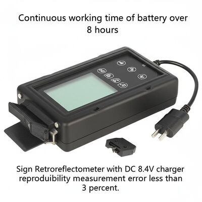 Tempo di funzionamento continuo della batteria superiore a 8 ore. Retro-riflettometro per segnali con caricabatterie DC 8,4 V ed errore di misurazione di ripetibilità inferiore al 3 percento